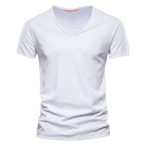 Bjutir T-Shirts for Men Fashion Casual Solid Color Cotton V Neck Short Sleeve T Shirt Top White L