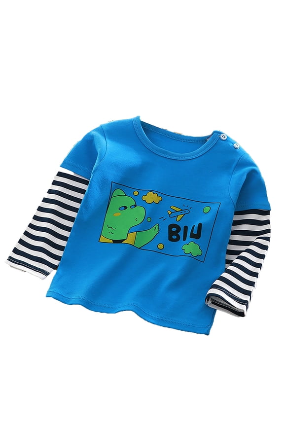 Tees For Boys Bear Cartoon Print Long Sleeve Crew Neck Tops Summer Lightweight Boy T-Shirt Size 3-4 Years Blue