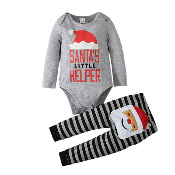 Bjutir Toddler Baby Boys Girls Soft Pajamas Set Christmas Santa Print Romper Tops Striped Pants Outfits Set Grey 12-18 Months