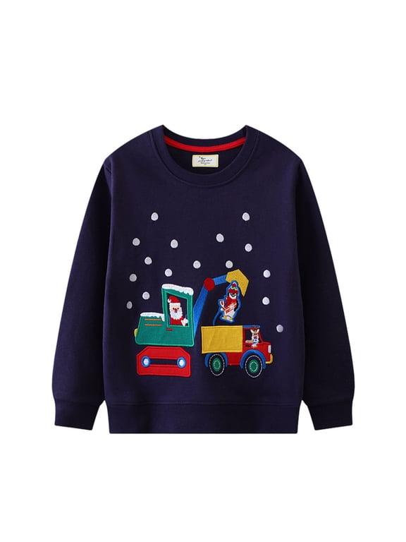Toddler Boys Christmas Sweatshirts Cartoon Car Print Pullover Tops Cozy Crewneck Sweatshirt Streetwear Clothes Size 12 Months-7 Years, Navy