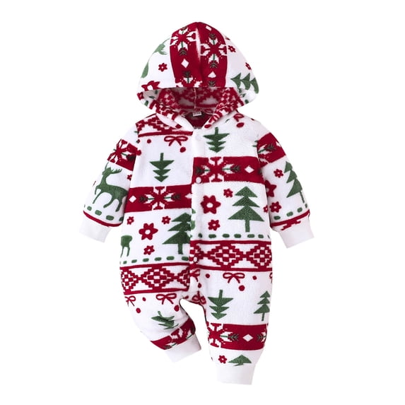 Bjutir Toddler Boys Girls Bodysuits Christmas Winter Warm Long Sleeve Cartoon Prints Romper Hooded Jumpsuit Red Size 18-24 Months