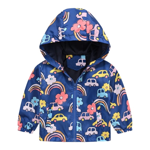 Bjutir Toddler Boys Girls Cartoon Prints Casual Light Coat Hooded Jacket Windproof Fall Winter Zipper Outwear Dark Blue 3-4 Years