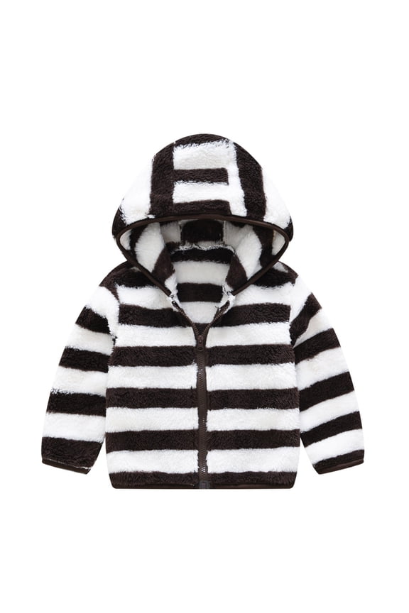 Toddler Boys Girls Striped Outwear Coat With Zipper Warm Kids Fall Winter Hooded Thick Coat Jacket Coffee 4-5 Years