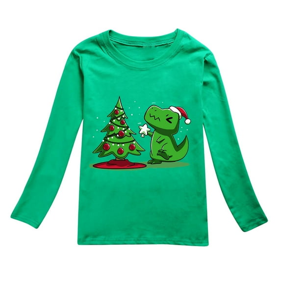 Bjutir Toddler Boys Girls T Shirt Fall Winter Long Sleeve Christmas Cartoon Dinosaur Prints Tops Green Size 5-6 Years