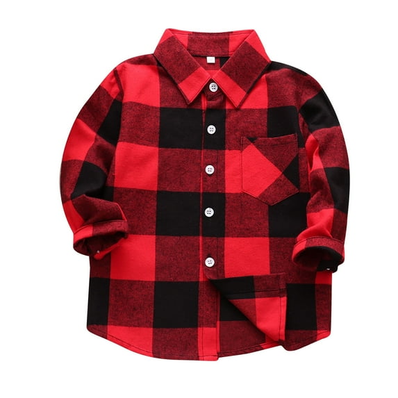 Bjutir Toddler Boys Girls Tops Kids Flannel Jacket Plaid Stripe Long Sleeve Lapel Button Down Shacket Baby Shirt Top Coat Outwear Tshirts Red