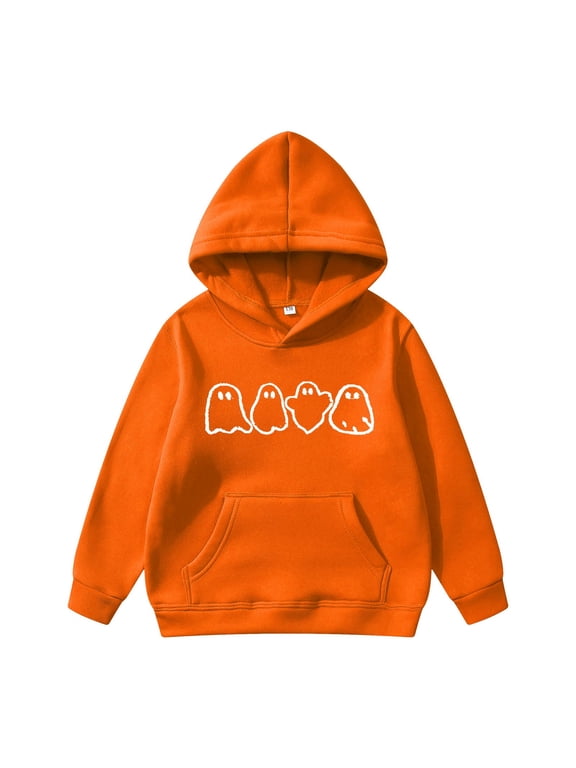Toddler Boys Halloween Hoodies Ghost Print Pullover Tops Cozy Hooded Sweatshirt Daily Wear Clothes Size 1-14 Years, Orange