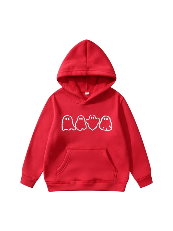 Toddler Boys Halloween Hoodies Ghost Print Pullover Tops Cozy Hooded Sweatshirt Daily Wear Clothes Size 1-14 Years, Red