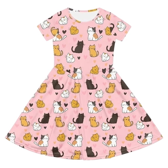 Bjutir Toddler Girls Dress Cartoon Cat Print Short Sleeve Dress Leisure Crewneck Dresses For Casual Wear, Size 4-14 Years, Pink