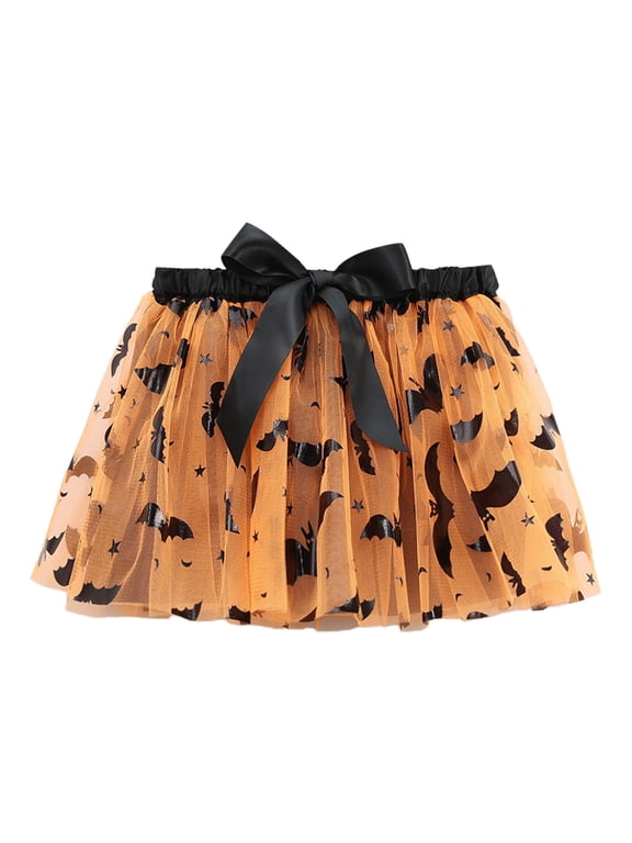 Toddler Girls Halloween Skirt Cartoon Print Elastic Waist Bottom Stretch Ruffled Skirt For Casual Wear, Size 2-11 Years, Orange