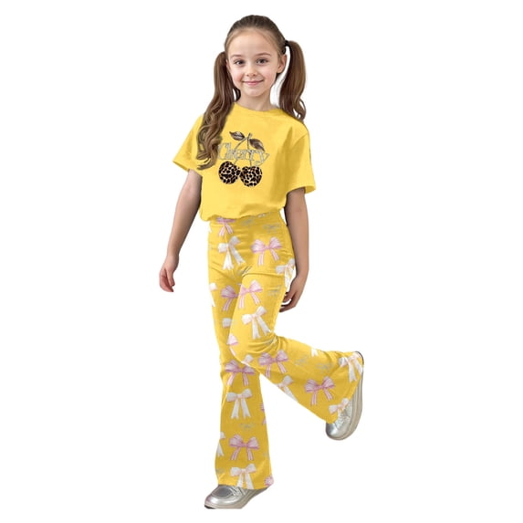 Bjutir Toddler Girls Outfit Set Bowtie Cherry Print Short Sleeve Crew Neck Tops With Pants Outfit Summer Fashion Girls Set Size 7-8 Years Yellow