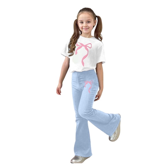 Bjutir Toddler Girls Outfit Set Bowtie Print Short Sleeve Crew Neck Tees With Pants Set Summer Lightweight Girls Outfit Size 9-10 Years Light Blue