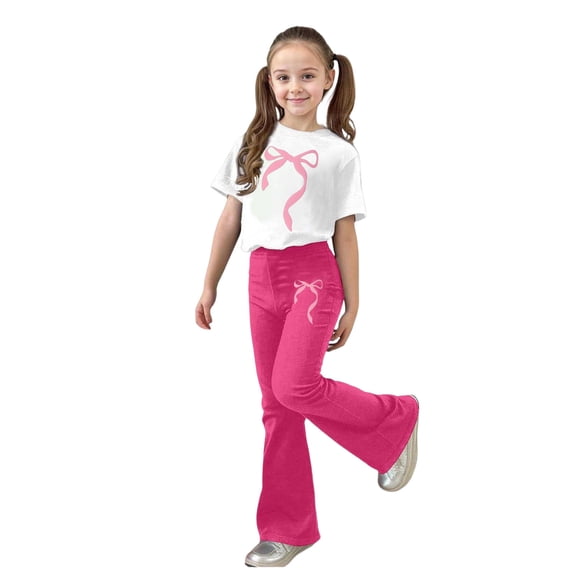 Bjutir Toddler Girls Outfit Set Bowtie Print Short Sleeve Crew Neck Tops With Pants Outfit Summer Smooth Girls Set Size 7-8 Years Pink