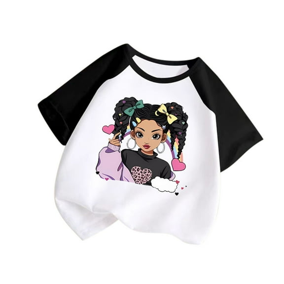 Bjutir Toddler Girls Tops Kid Baby Cute Round Neck Short Sleeve Print Raglan Sleeve Tee Summer Casual T Shirt Girl T-Shirts Black Size 2-3 Years