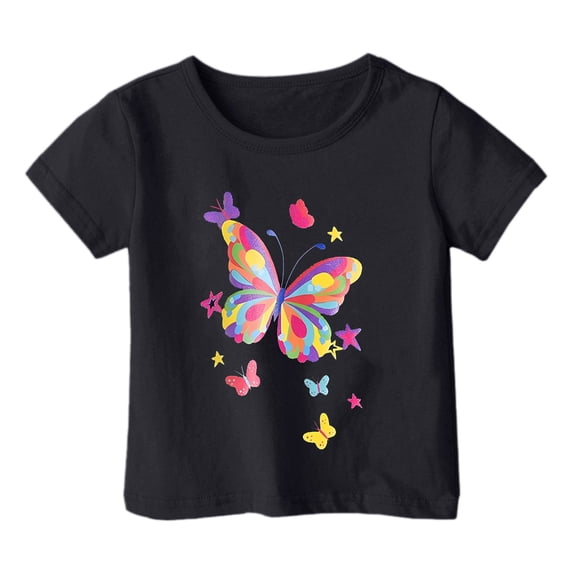 Bjutir Toddler Girls Tops Summer Butterfly Print Short Sleeve Crew Neck Tees Breathable Girl Shirt Size 2-3 Years Black