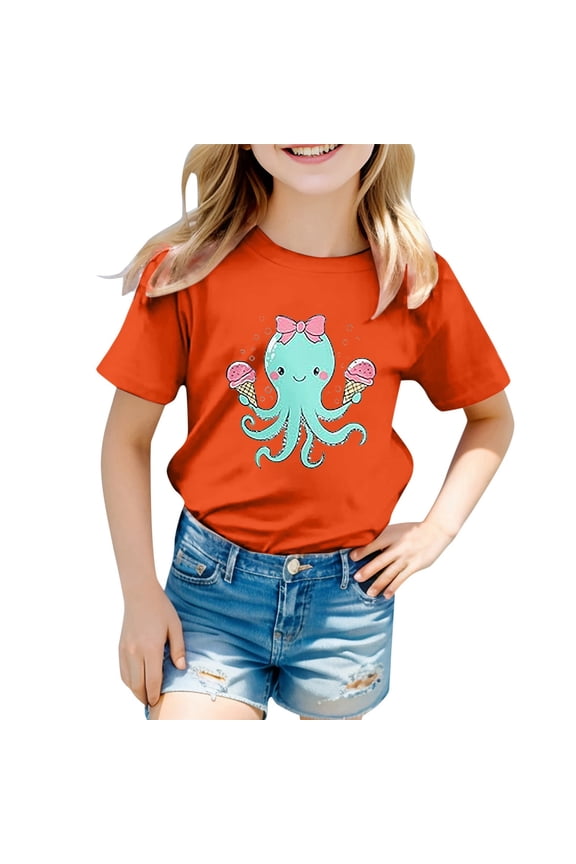 Toddler Girls Tops Summer Cut Marine Animals Graphic Print Short Sleeve Crew Neck Tees Soft Girl Shirt Size 2-3 Years Orange