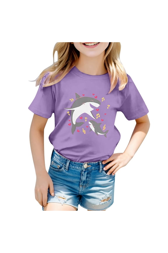 Toddler Girls Tops Summer Shark Print Short Sleeve Crew Neck Tees Smooth Girl Shirt Size 10-11 Years Purple
