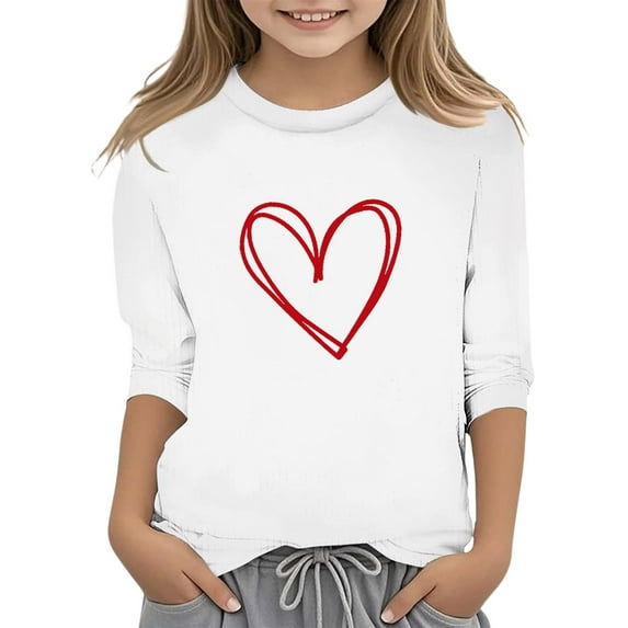Bjutir Toddler Girls Tops Valentines Day Print Fashion Crew Neck 3/4 Quarter Sleeve Casual T Shirt Top Girl T-Shirts White Size 3-4 Years