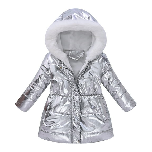 Bjutir Toddler Girls Winter Coat Hooded Jacket Thicken Windproof Zipper Warm Outwear Silver Size 8-9 Years