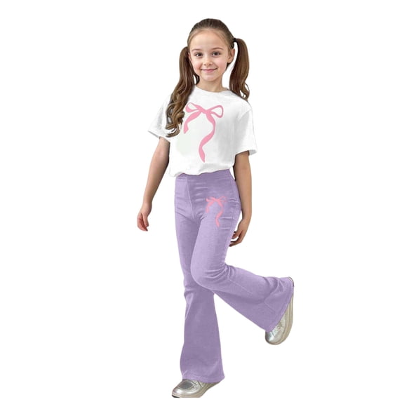 Bjutir Toddler Kids Girls Outfit Set Bowtie Print Short Sleeve Crew Neck T-Shirt With Pants Outfit Summer Smooth Girls Set Size 13-14 Years Purple