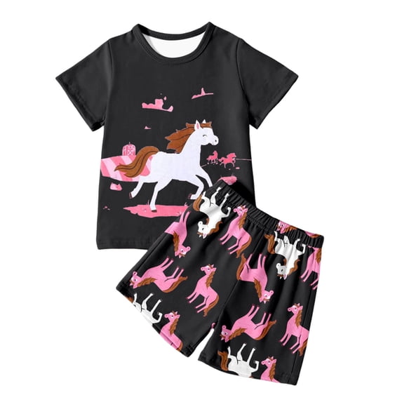 Bjutir Toddler Kids Girls Outfit Set Cartoon Horse Print Short Sleeve Crew Neck T-Shirt With Shorts Outfit Summer Soft Girls Set Size 9-10 Years Black