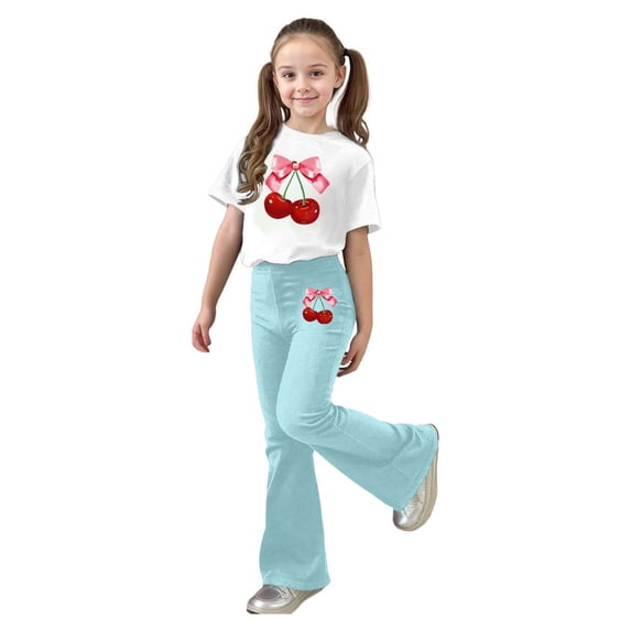 Bjutir Toddler Kids Girls Outfit Set Cherry Print Short Sleeve Crew Neck T-Shirt With Pants Outfit Summer Casual Girls Set Size 5-6 Years Mint Green