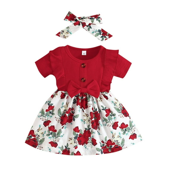 Bjutir Toddler Kids Outfit Set Baby Girls Clothes Summer Outfits Short Sleeve Knitted Floral Dress Headband For 3-6 Months