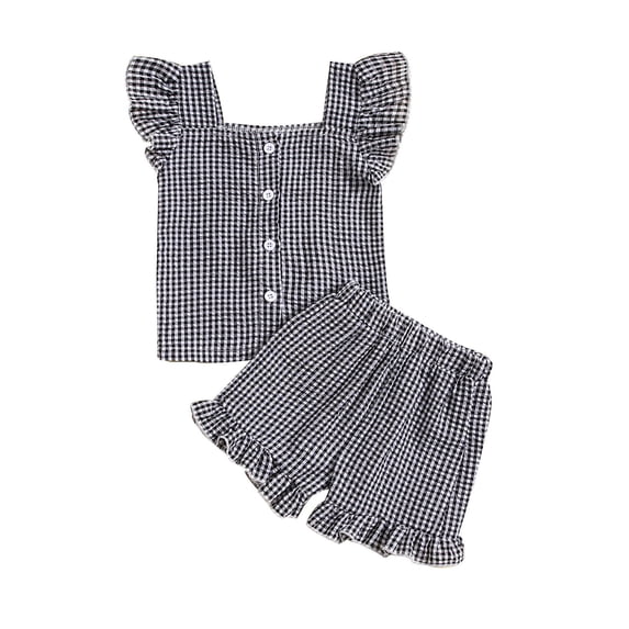 Bjutir Toddler Kids Outfit Set Girls Sleeveless Plaid Prints Vest T Shirt Tops Ruffles Shorts Outfits For 6-12 Months