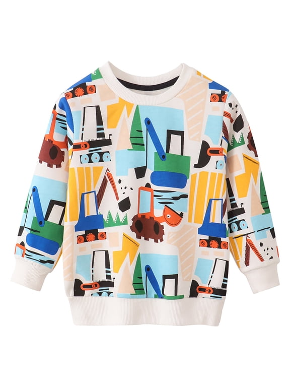 Toddler Sweatshirts Boys Cartoon Car Print Pullover Tops Loose Fit Crewneck Sweatshirt Daily Wear Clothes Size 2-8 Years, Blue