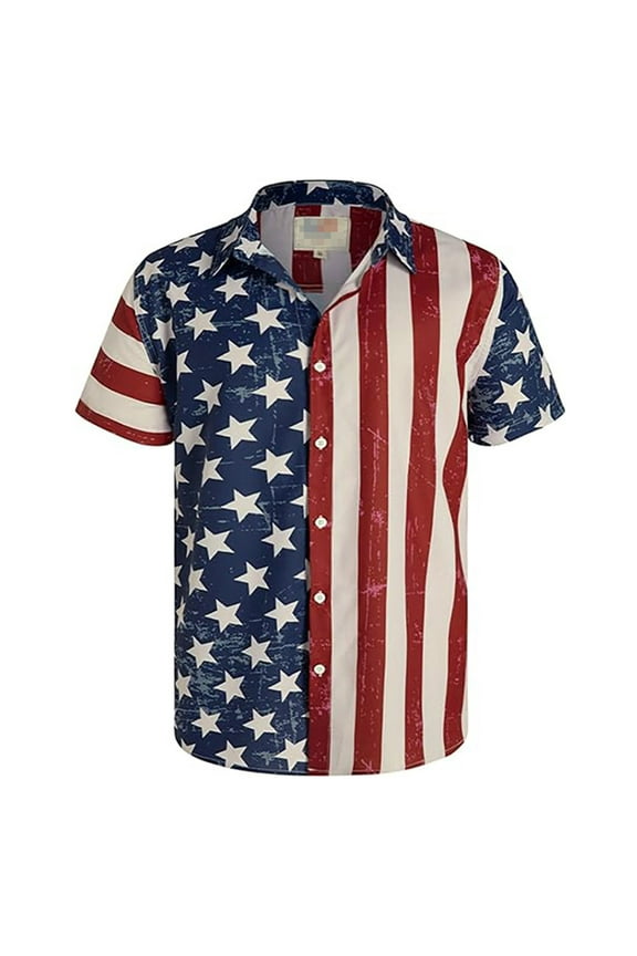 Usa Shirt Men American Flag Star Stripe Print Casual Fashion T Shirts Lapel Neck Short Sleeve Button Down Tops Patriotic Lightweight Summer Beach Hawaiian Mens Tees Navy 3Xl