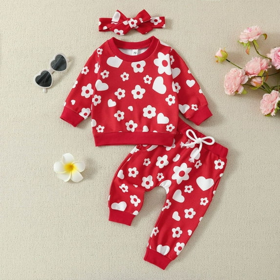 Bjutir Valentines Day Baby Toddler Outfit Set Girls Long Sleeve Heart Prints T Shirt Pullover Tops Pants Outfits For 3T