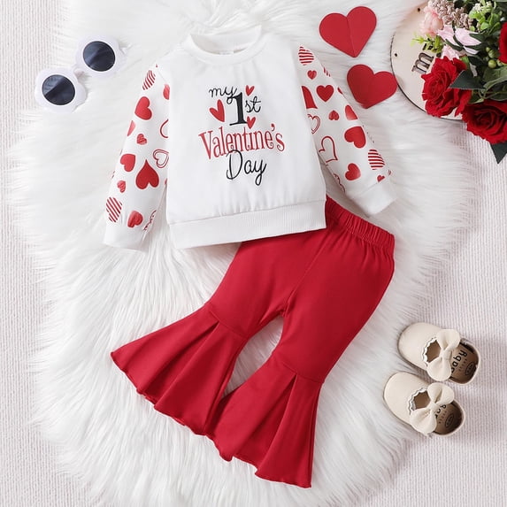Bjutir Valentines Day Outfit Toddler Baby Girls Long Sleeve Letter Prints T Shirt Pullover Tops Bell Bottoms Pants Outfits For 12M