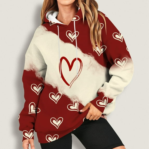 Bjutir Valentines Day Women Tops 2024 Fashion Sweatshirt Printed Round Neck Long Sleeved Casual Hoodie