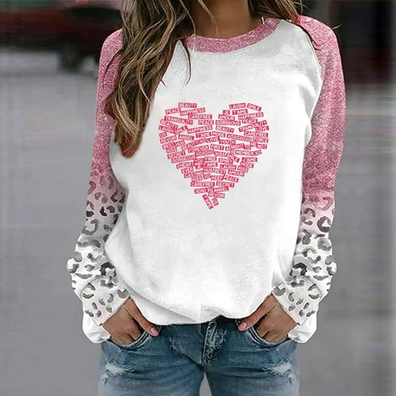 Bjutir Valentines Day Women Tops Casual Love Printed Round Neck Long Sleeved Sweatshirt (Style 1)