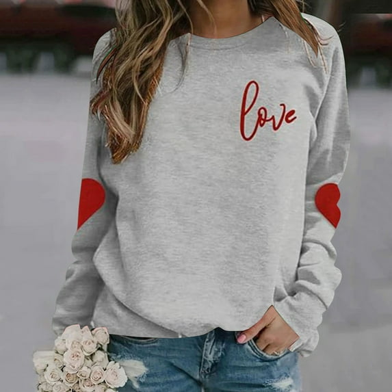 Bjutir Valentines Day Women Tops Sweatshirt Printed Round Neck Long Sleeve Casual Pullover Hoodie