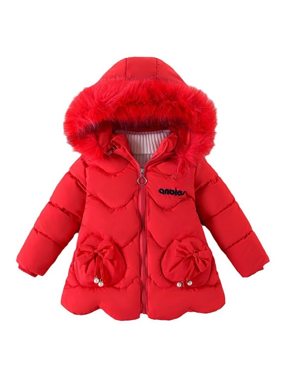 Winter Coat For Girl Cotton Jacket Thickened Fashion Down Jacket Long Sleeve Warm Thicken Hooded Girls Fall Winter Outwear Red Size 3-4 Years
