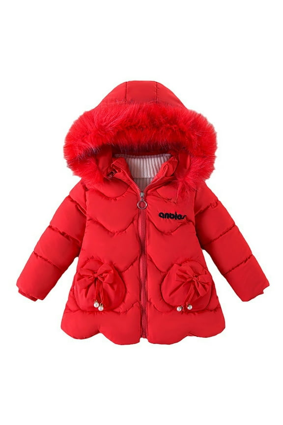 Winter Coat For Girl Cotton Jacket Thickened Fashion Down Jacket Long Sleeve Warm Thicken Hooded Girls Fall Winter Outwear Red Size 4-5 Years