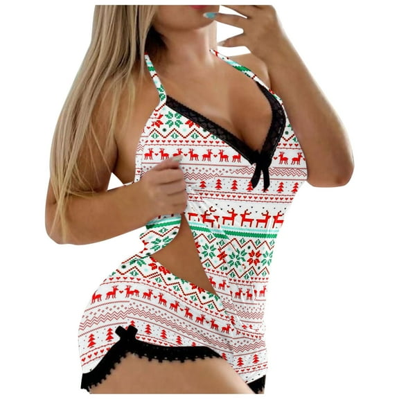 Bjutir Women Christmas Print Shorts Set 2 Piece Pajamas Set Lace Backless Trim V Neck Sling Tops With Shorts Outfit Set Lingerie Sleepwear White Size L