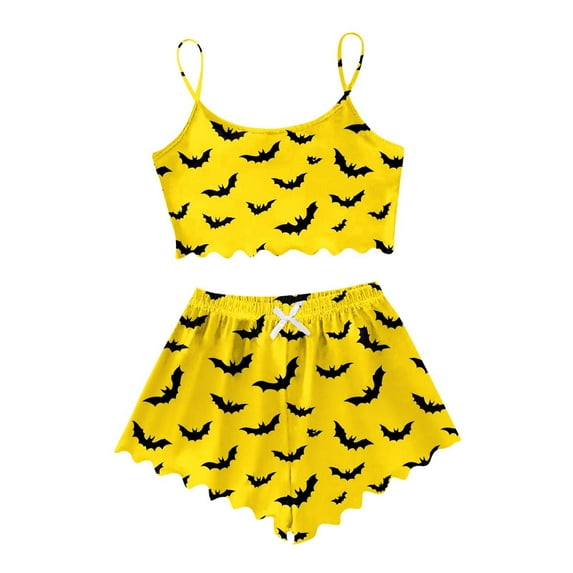 Bjutir Women Halloween Short Set Sleeveless Tank Top And Halloween Print Casual Pajamas Set Homewear Summer Outfit Set For Women Yellow
