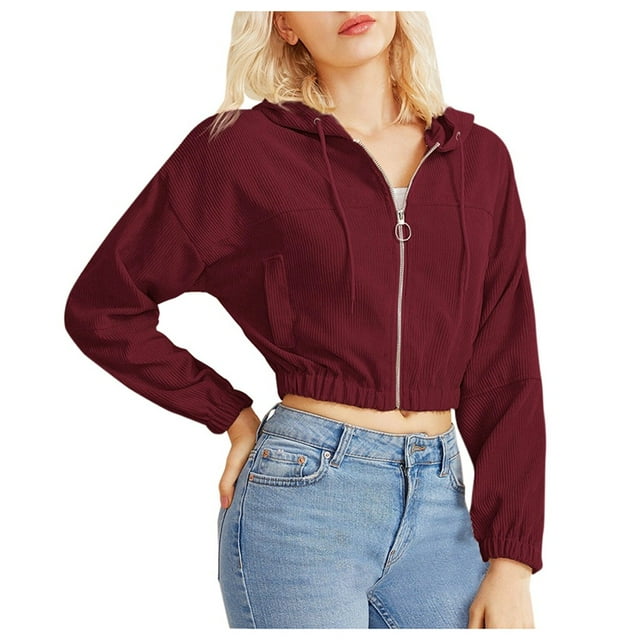 Bjutir Women Hoodie Sweatshirts Casual Solid Color Corduroy Zip Up