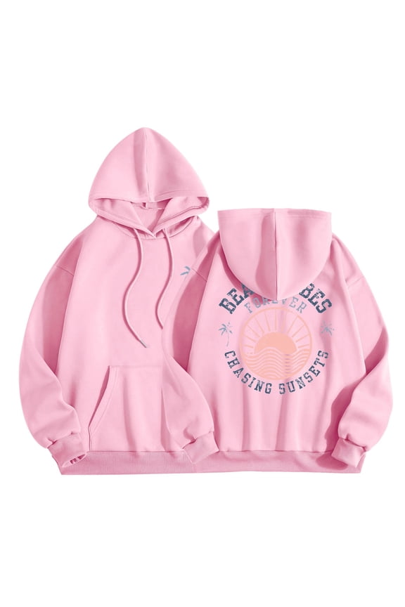 Women Hoodie Sweatshirts Round Neck Hoodie Sweatshirt Seaside Beach Sunrise Sunset Collection Top Pink