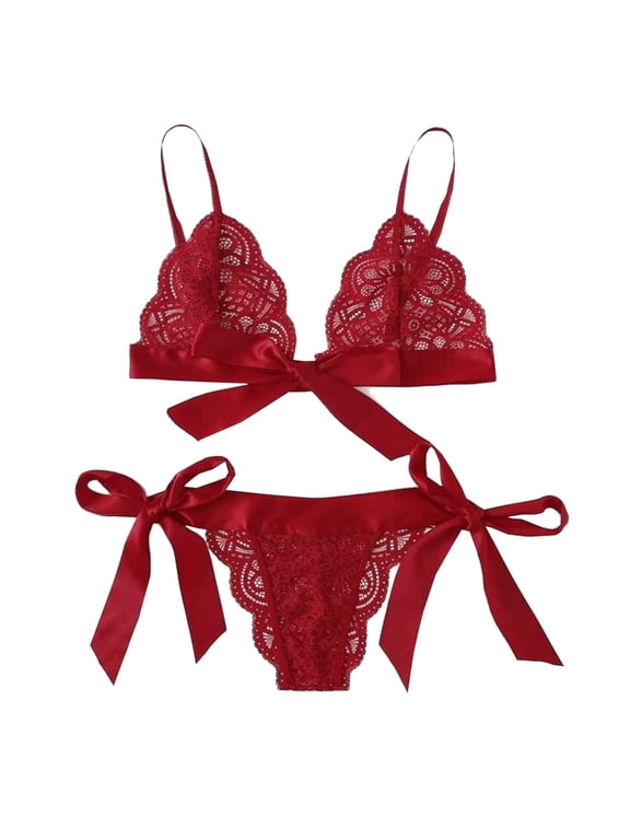 Women Lingerie Set Scalloped Side Bow Lace Trim Tie Sexy Women Bra And Panty Underwear Set Red