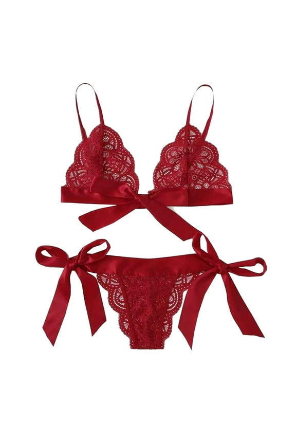 Women Lingerie Set Scalloped Side Bow Lace Trim Tie Sexy Women Bra And Panty Underwear Set Red