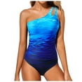 thumbnail image 1 of Bjutir Women One Shoulder 1 Piece Swimsuit Solid Retro Ruffle Tummy Control Bathing Suits Full Coverage Keyhole Swimwear Summer Outdoor Beach One Piece Swimsuit Blue L, 1 of 8