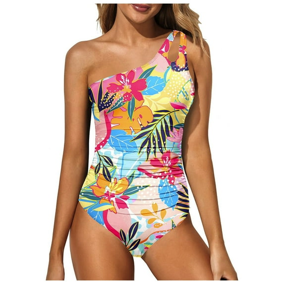 Bjutir Women One Shoulder 1 Piece Swimsuit Solid Retro Ruffle Tummy Control Bathing Suits Full Coverage Keyhole Swimwear Summer Outdoor Beach One Piece Swimsuit Sky Blue Xl