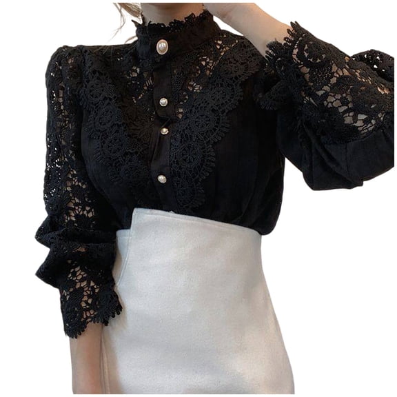 Bjutir Women Shirts Fashion Solid Lace Hollow Out Casual Button Shirt Stand Long Sleeve Shirt Blouse Top Black M