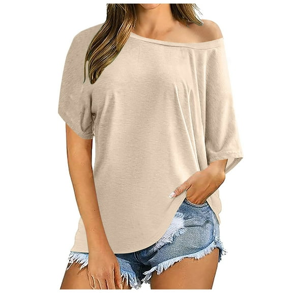 Bjutir Women Shirts Summer Off Shoulder Shirts Casual Loose Short Sleeve Tunics Tops Beige S