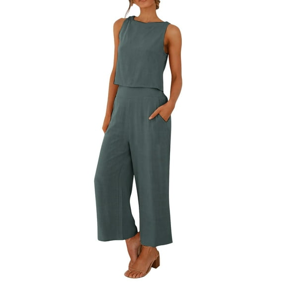Bjutir Women Suit Fashion Comfortable Vest With Long Pants Solid Color Top Set Outfit Blue