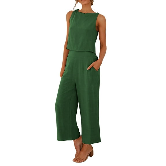 Bjutir Women Suit Fashion Comfortable Vest With Long Pants Solid Color Top Set Outfit Green