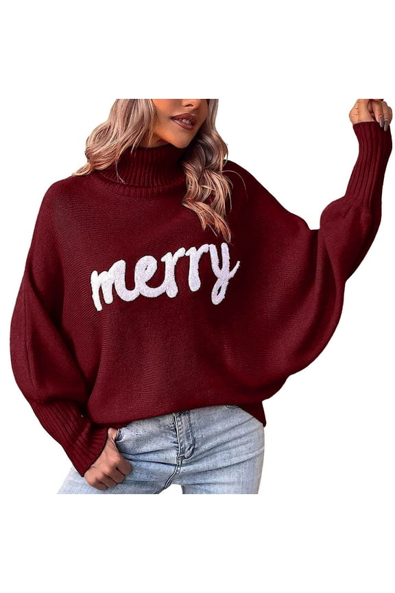 Women Sweater Lapel Neck Long Sleeve Winter Tops Loose Bat Sleeve Letter Print Knitted Sweater Size Xl