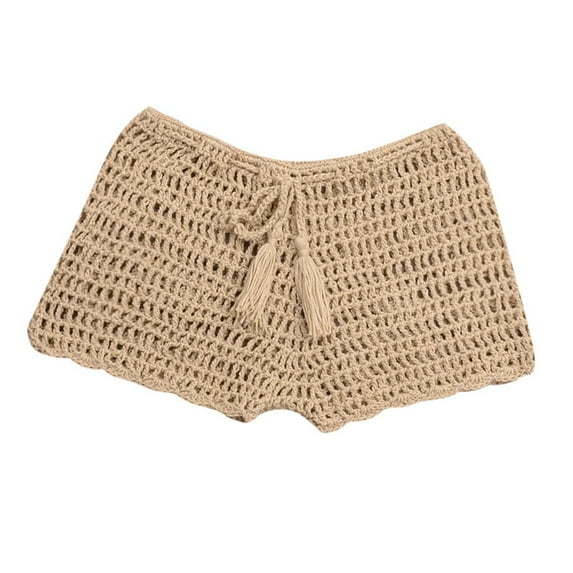 Bjutir Women Swim Bottoms Swimsuits Summer Solid Color Handwoven Stretchable Strap Hollow Flat Corner Swim Shorts Fashion Breathable Beach Swimming Pants Beige L